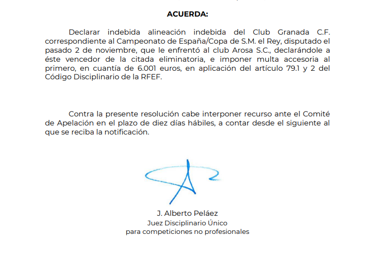 La RFEF ha dado a conocer la resolución de la denuncia que presentó el Arosa tras la alineación de Adri López en el partido de copa de la pasada semana.